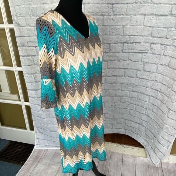 Tacera open knit fully lined 3/4 bell sleeve chevron print dress women sz Med - Picture 4 of 14